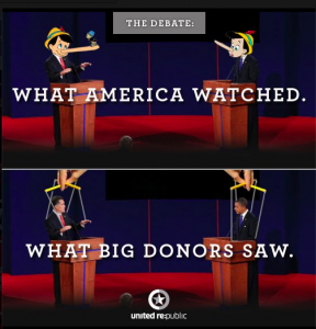 This graphic posted on Facebook by United Republic illustrates two ways to take in the 2012 Presidential Debates. 